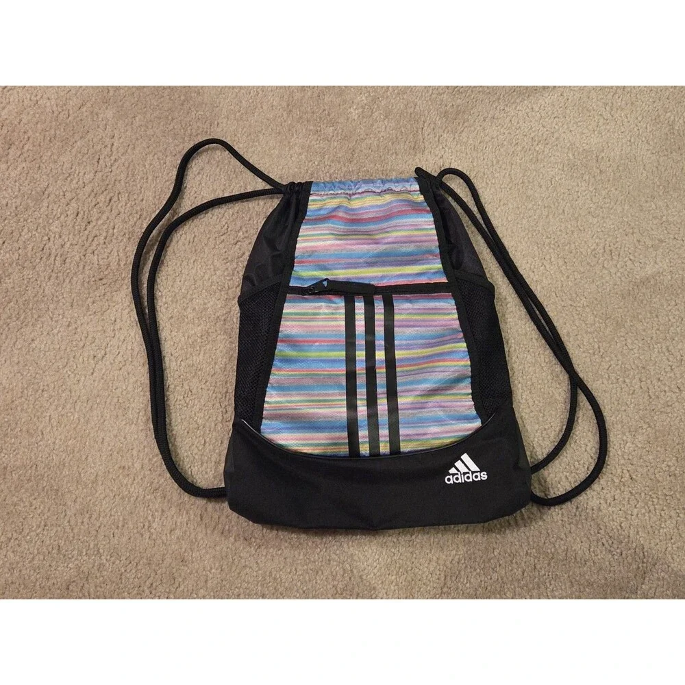 adidas Medium Polyester Drawstring Gym Bag Black Multicolor Striped Zip Pocket